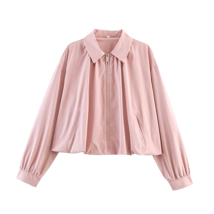 Damen Leichte Cropped Blouson-Jacke mit Hemdkragen, Reißverschluss und Gummizugsaum Drune