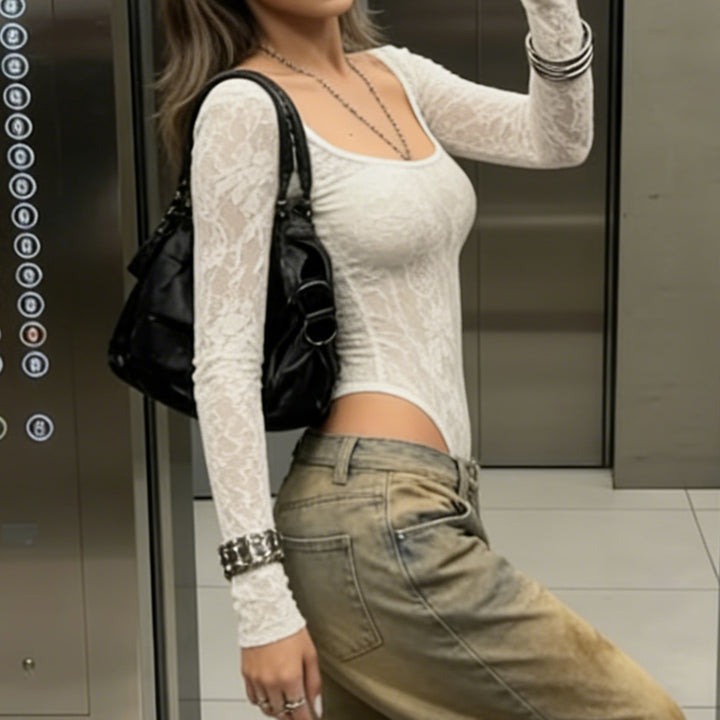 Damen Elegantes Spitzenshirt mit langen Ärmeln und romantischen Details Drune
