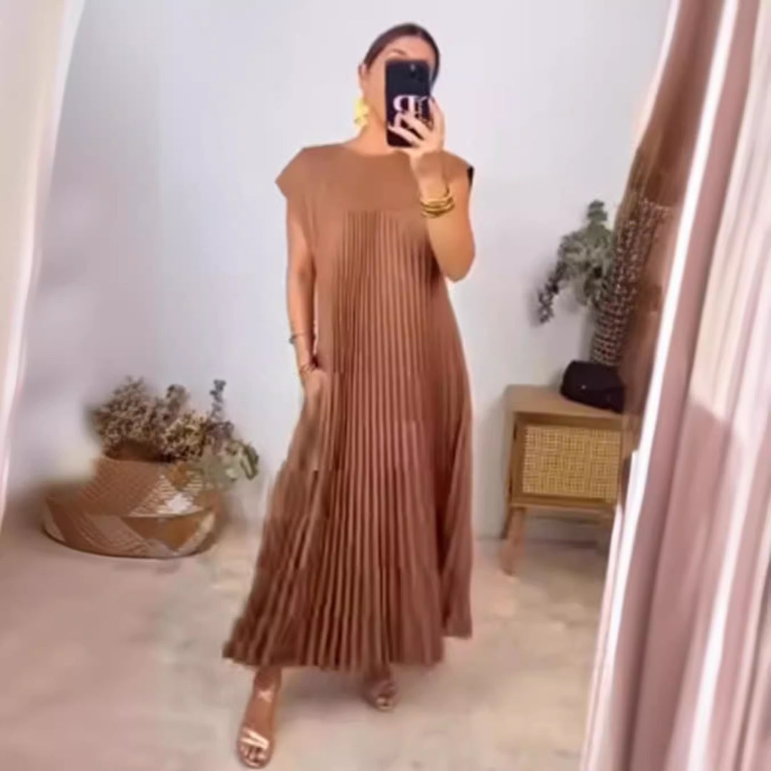 Damen nan fließendes plissiertes Maxikleid mit überschnittenen Schultern und Eingrifftaschen Drune