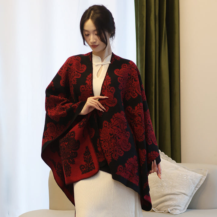 Damen Oversize-Wickelcape mit doppelseitigem Jacquard und asymmetrischem Zipfelsaum Drune