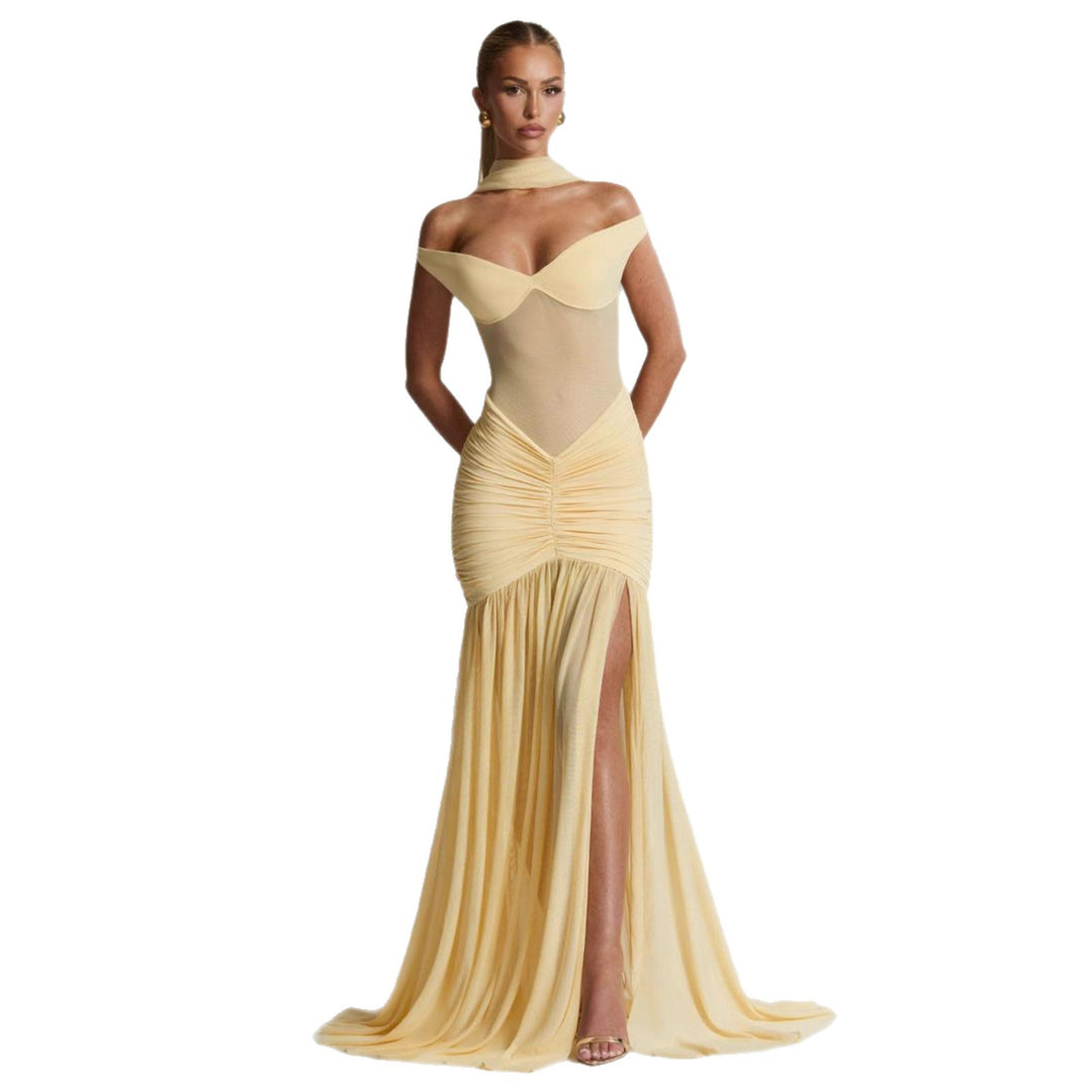 Damen figurbetontes Abendkleid mit schulterfreiem Design und seitlichem Schlitz Drune