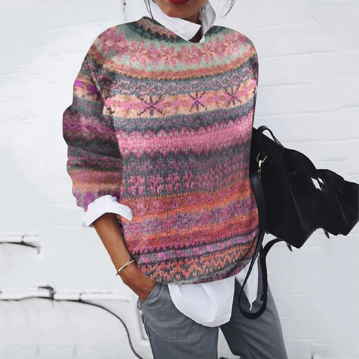 Damen lockerer Fair Isle Strickpullover mit Rundhalsausschnitt