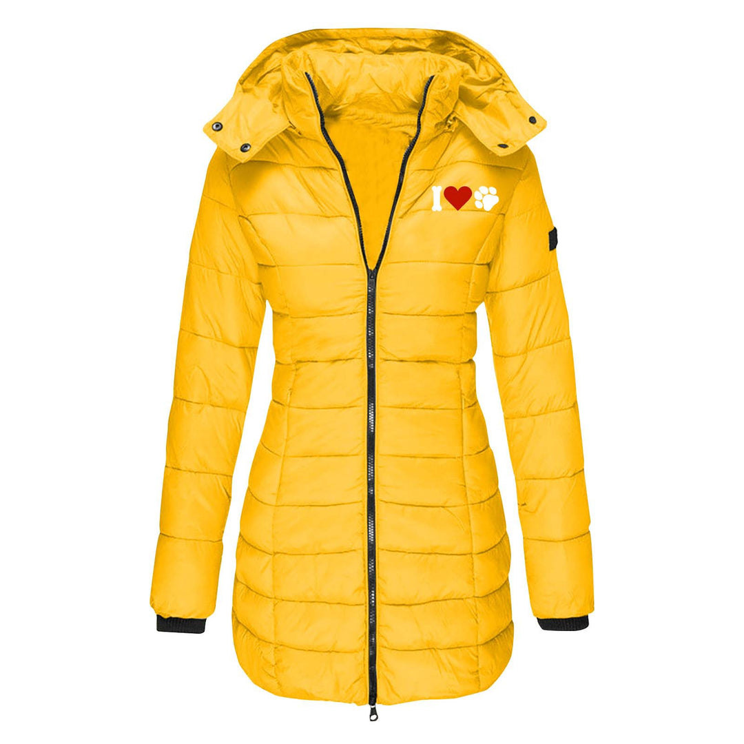 Damen nan gesteppte Steppjacke mit Kapuze, taillierter Silhouette und Herz-Pfoten-Print Drune