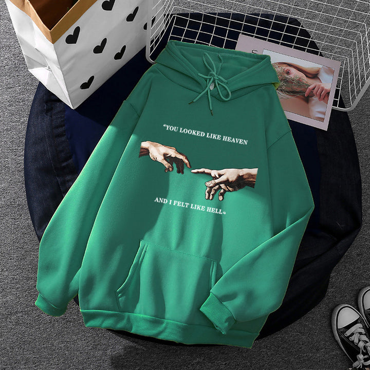 Damen nan Oversize Kapuzenpullover mit Kängurutasche und Renaissance‑Handmotiv, weiches Fleece Innenfutter Drune
