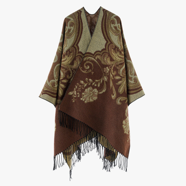 Damen Jacquard‑Poncho‑Überwurf im Barockmuster mit Fransen Drune