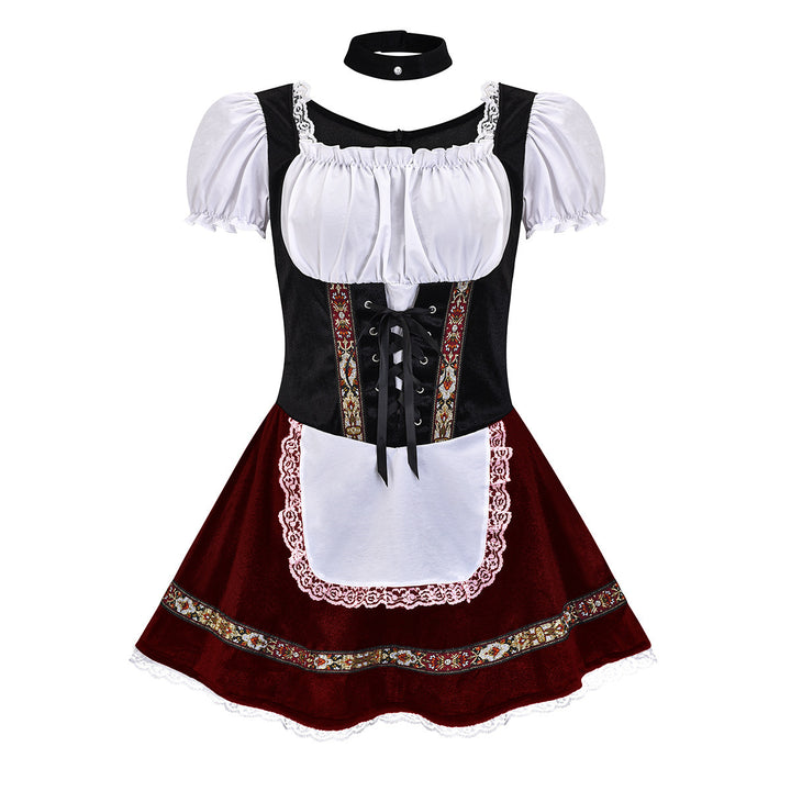 Damen nan kurzes Trachtenkleid mit Carmen-Ausschnitt, geschnürtem Mieder und bestickter Schürze Drune