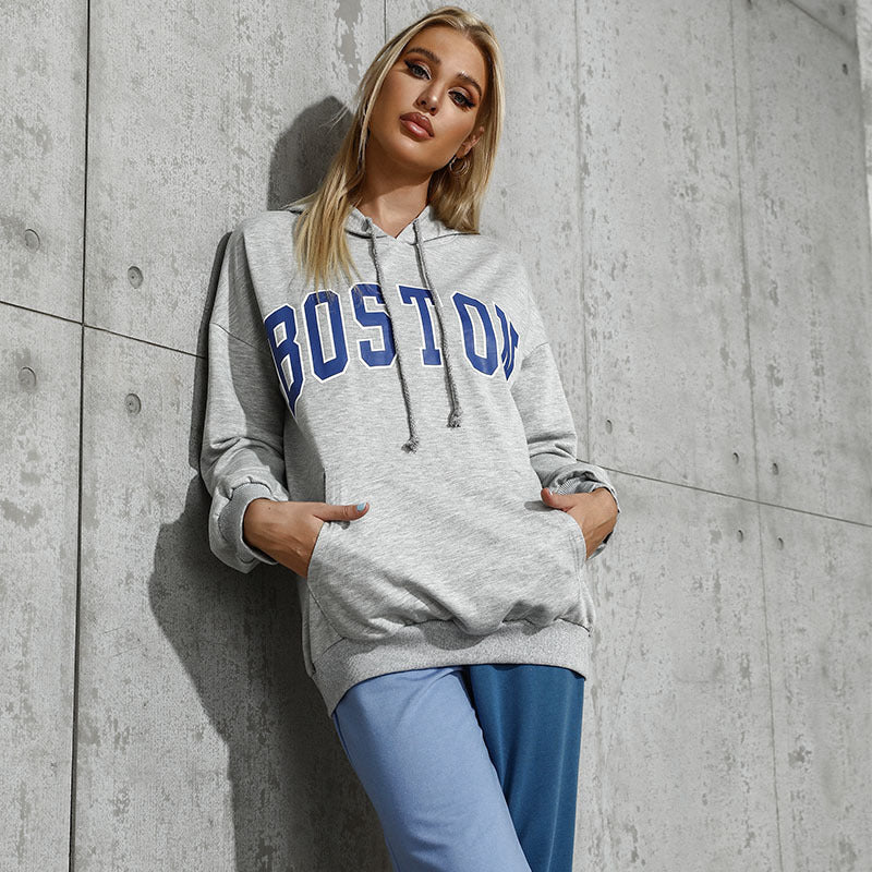 Damen Kapuzenpullover mit Collegestyle-Print, Kängurutasche und lässiger Oversize-Passform Drune