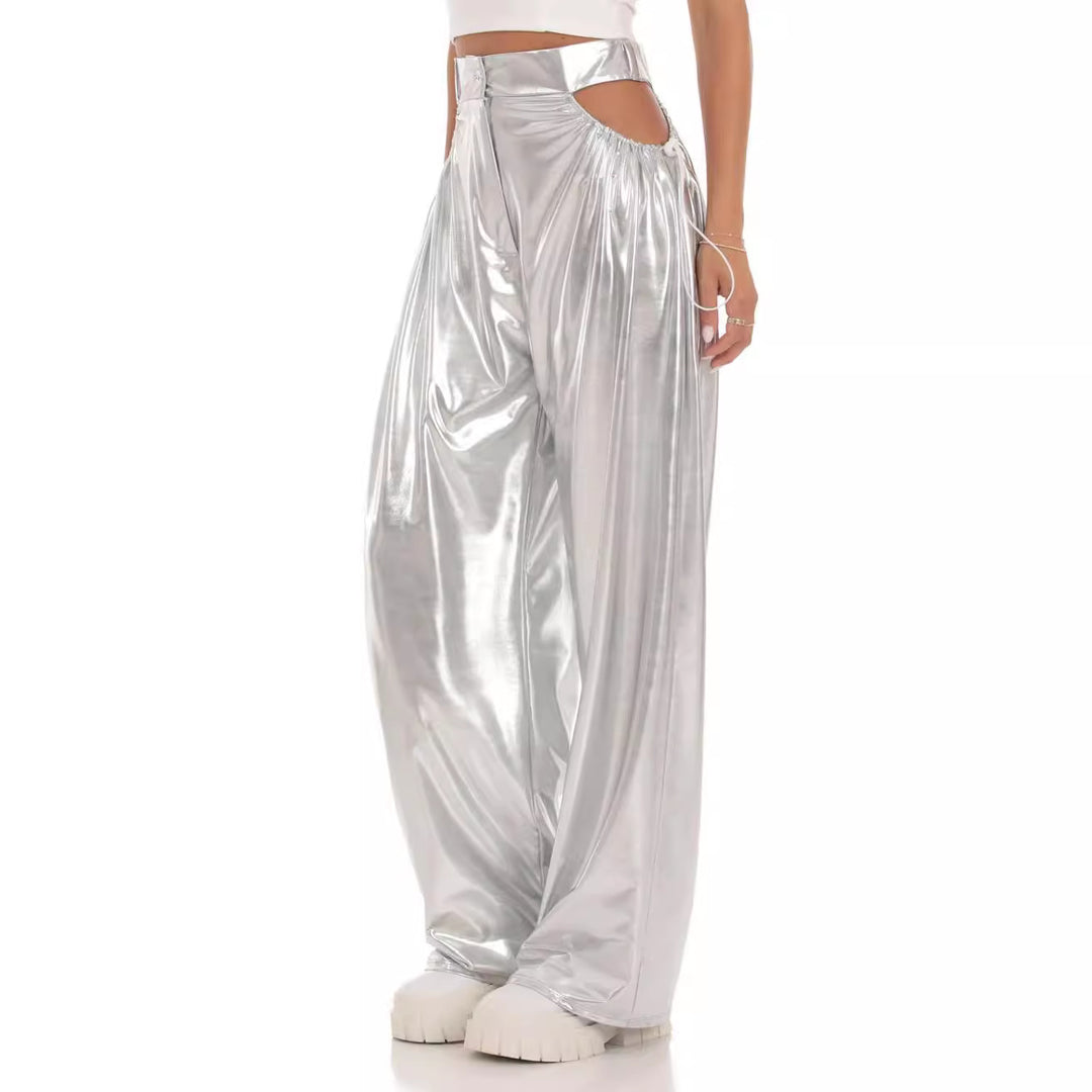 Damen High-Waist Baggy-Hose mit Cut-Out-Details und glänzendem Finish Drune