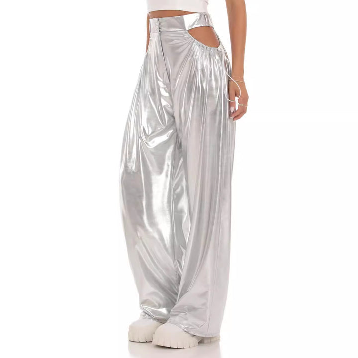 Damen High-Waist Baggy-Hose mit Cut-Out-Details und glänzendem Finish Drune