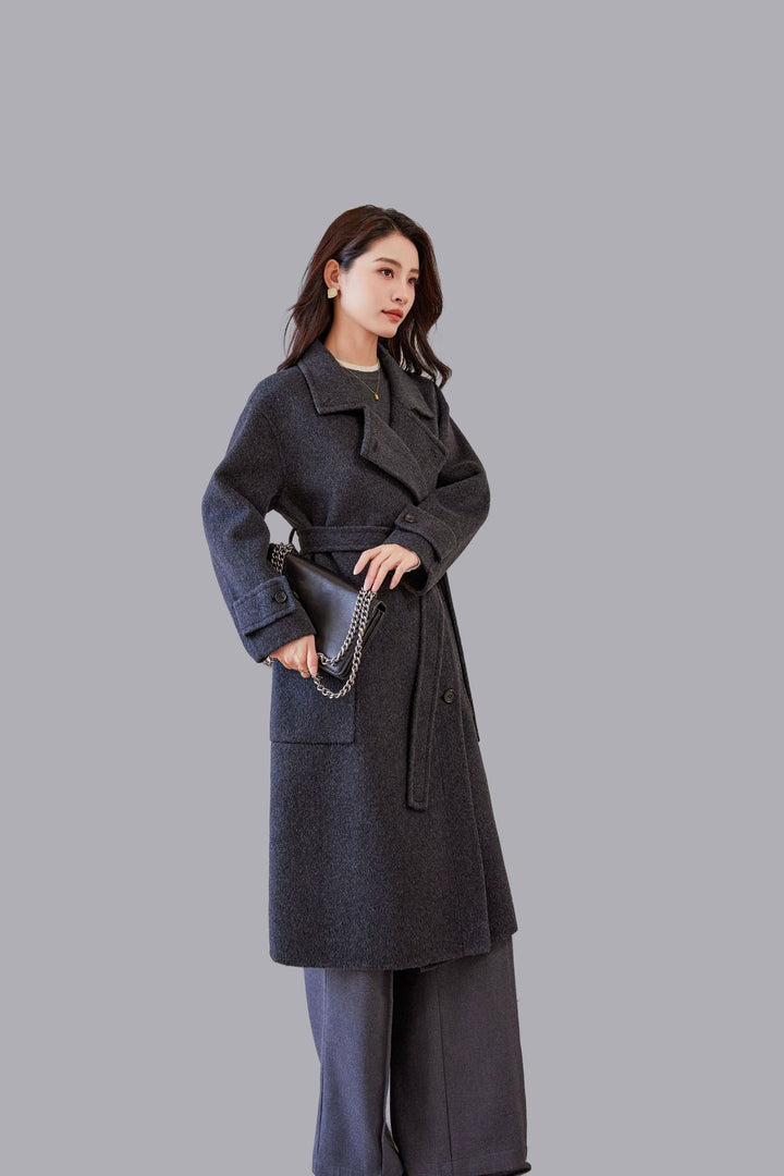 Damen Oversize Wollmantel mit Bindegürtel und weitem Revers Drune