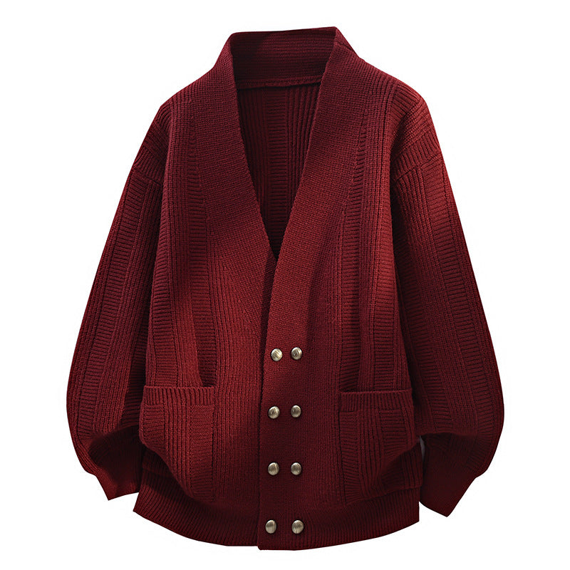 Damen Oversize Strickcardigan mit Schalkragen, doppelreihiger Knopfleiste & Eingrifftaschen Drune