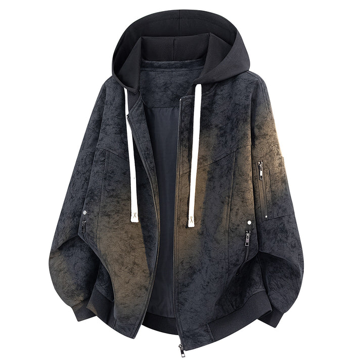 Herren Oversize-Bomberjacke mit Kapuze in Velours‑Optik & Ärmeltasche Drune