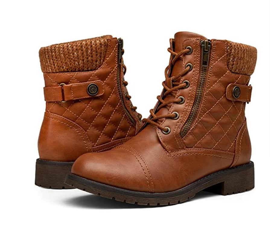 Damen nan gequiltete Schnür-Bikerboots mit seitlichem Reißverschluss, gepolstertem Schaft und robustem Profilsohle Drune