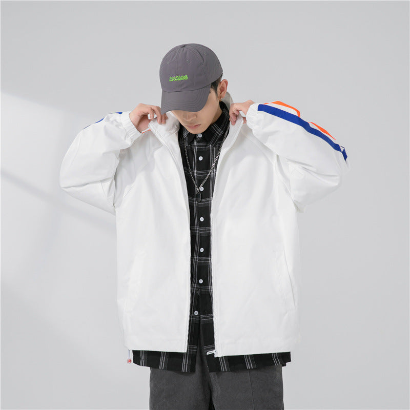 Herren Locker geschnittene Trackjacke mit Stehkragen, kontrastierenden Streifenärmeln und elastischen Bündchen Drune