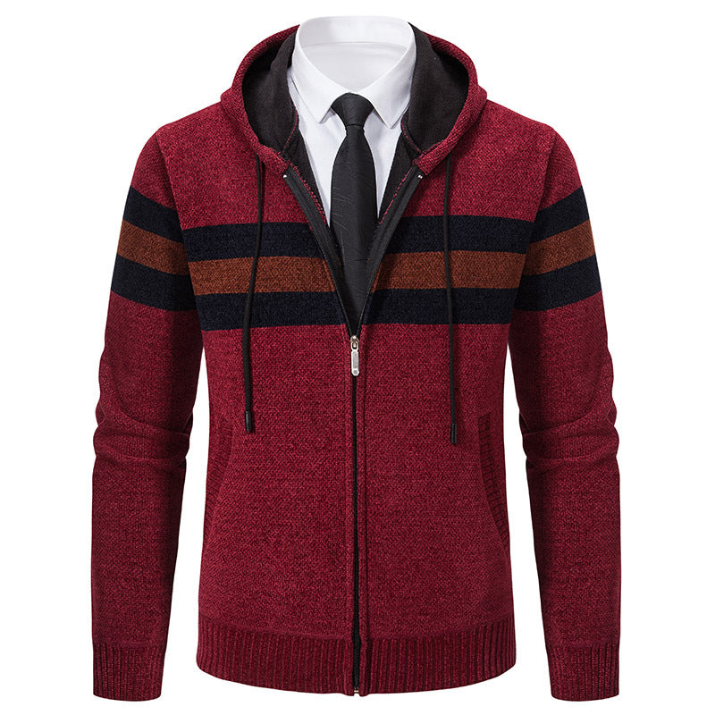 Herren Gestrickte Kapuzen-Strickjacke mit Kontraststreifen und Reißverschluss Drune