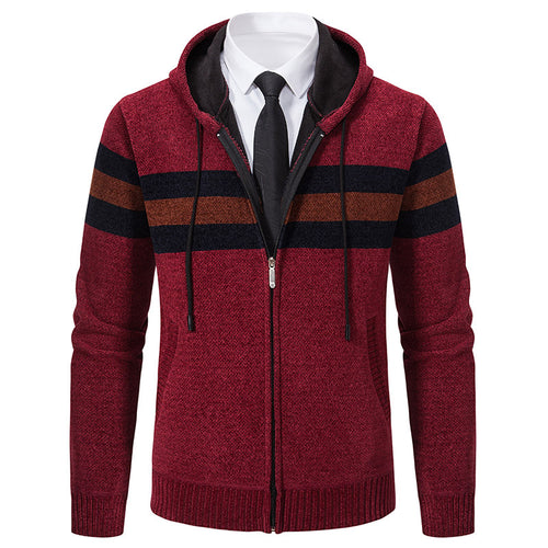 Herren Gestrickte Kapuzen-Strickjacke mit Kontraststreifen und Reißverschluss Drune
