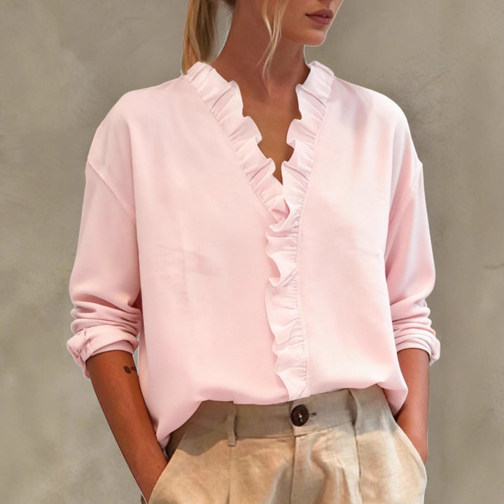 Damen Elegante V-Ausschnitt Bluse mit Volantbesatz und lockerem Oversize-Schnitt Drune