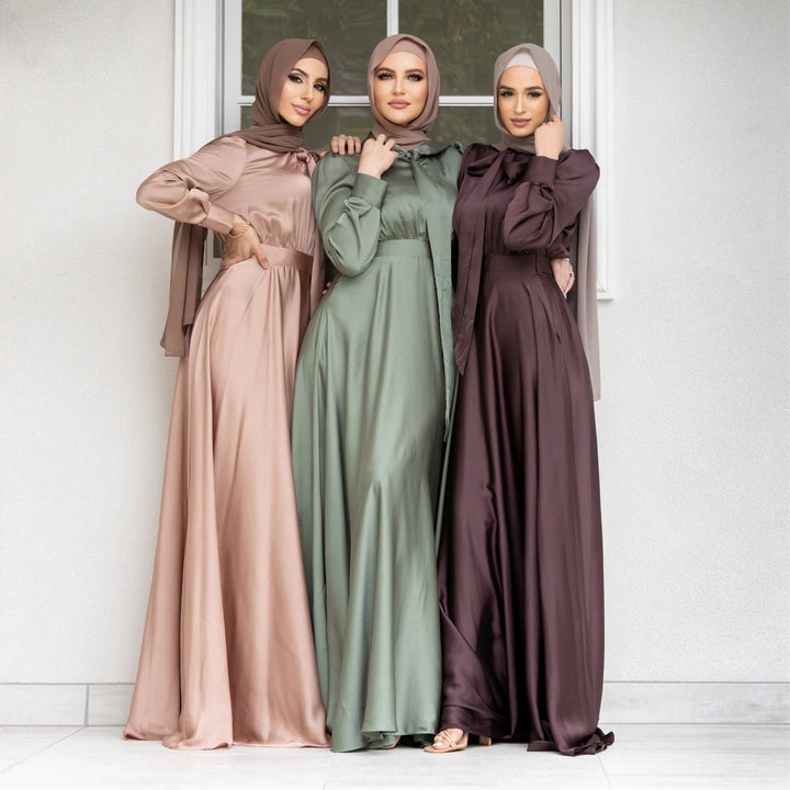 Damen Maxi-Kleid mit fließenden Ärmeln und elegantem Taillengürtel Drune