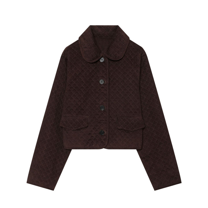 Damen Cropped gesteppte Cordjacke mit abgerundetem Kragen und Pattentaschen Drune