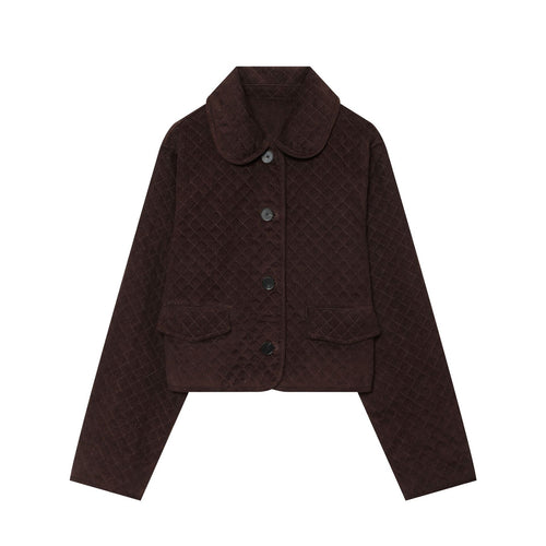 Damen Cropped gesteppte Cordjacke mit abgerundetem Kragen und Pattentaschen Drune