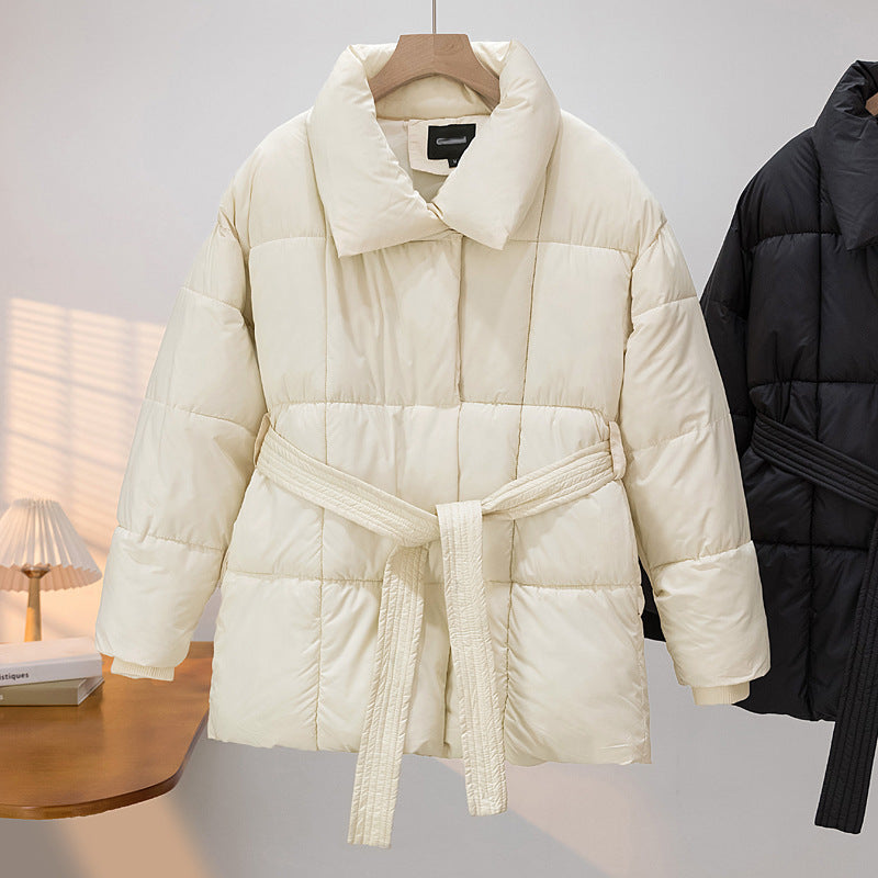 Damen Gekachelte Pufferjacke mit Taillengürtel und breitem Stehkragen Drune