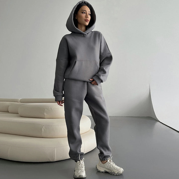 Damen nan zweiteiliges Komfort-Loungewear-Set mit oversized Kapuzenpullover, Kängurutasche und elastischem Knöchel-Jogger aus French Terry Drune