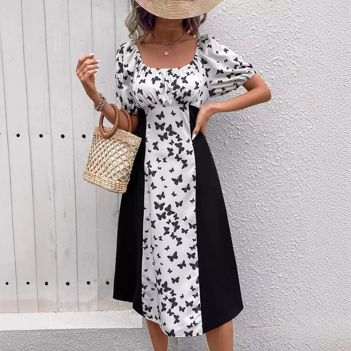 Damen Maxikleid mit Puffärmeln und Schmetterlingsmuster Drune