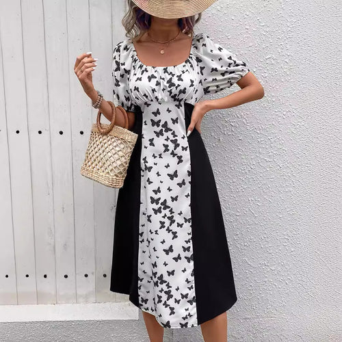 Damen Maxikleid mit Puffärmeln und Schmetterlingsmuster Drune