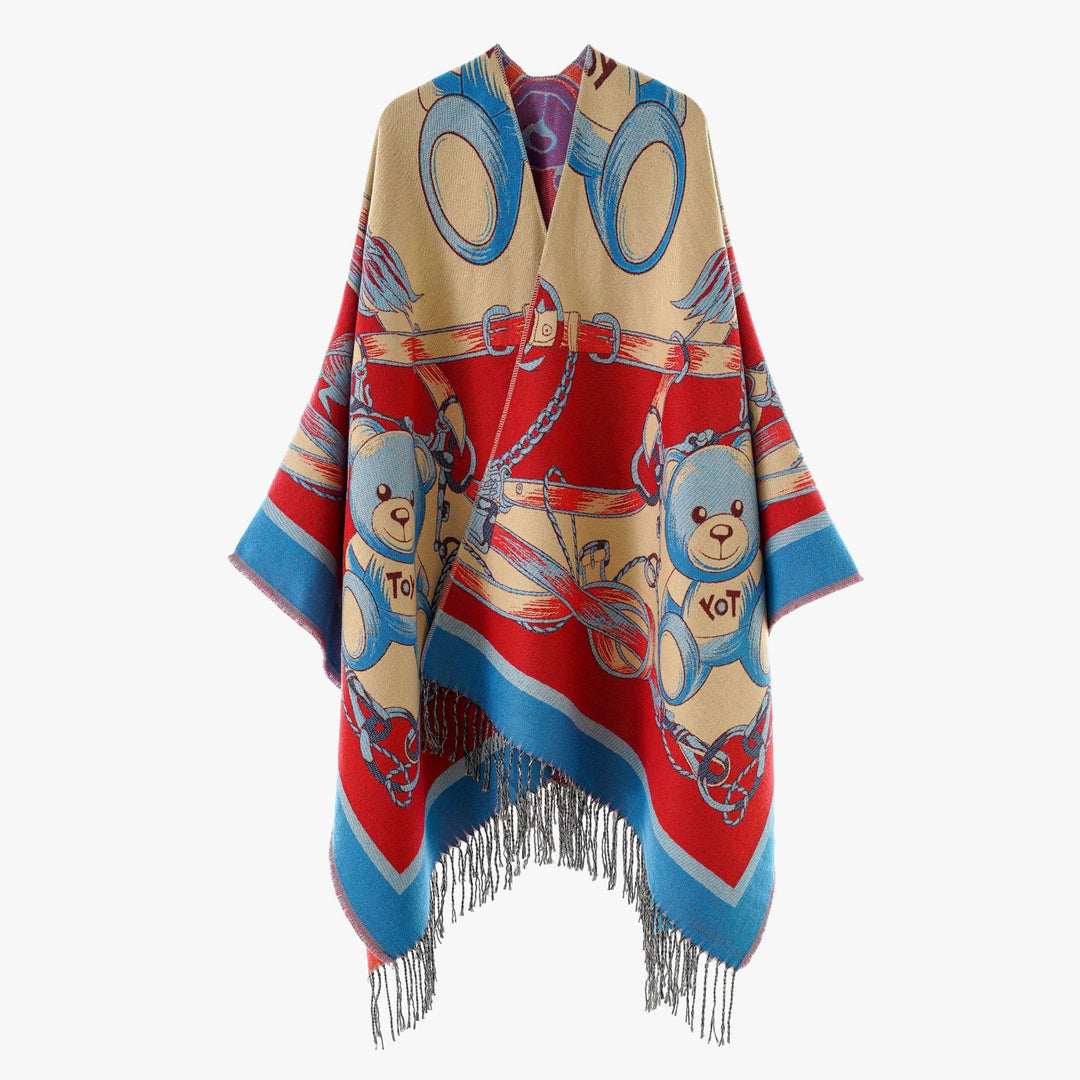 Damen Jacquard‑Gewebter Fransenponcho im Tapisserie‑Look Drune