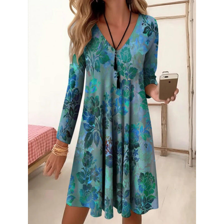 Damen V-Ausschnitt Freizeitkleid mit floraler Gestaltung und seitlichen Taschen Drune