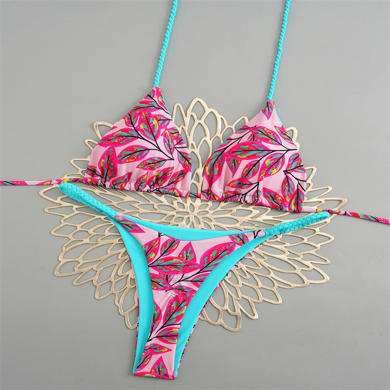 Damen Triangelbikini mit buntem Muster und verstellbaren Trägern Drune