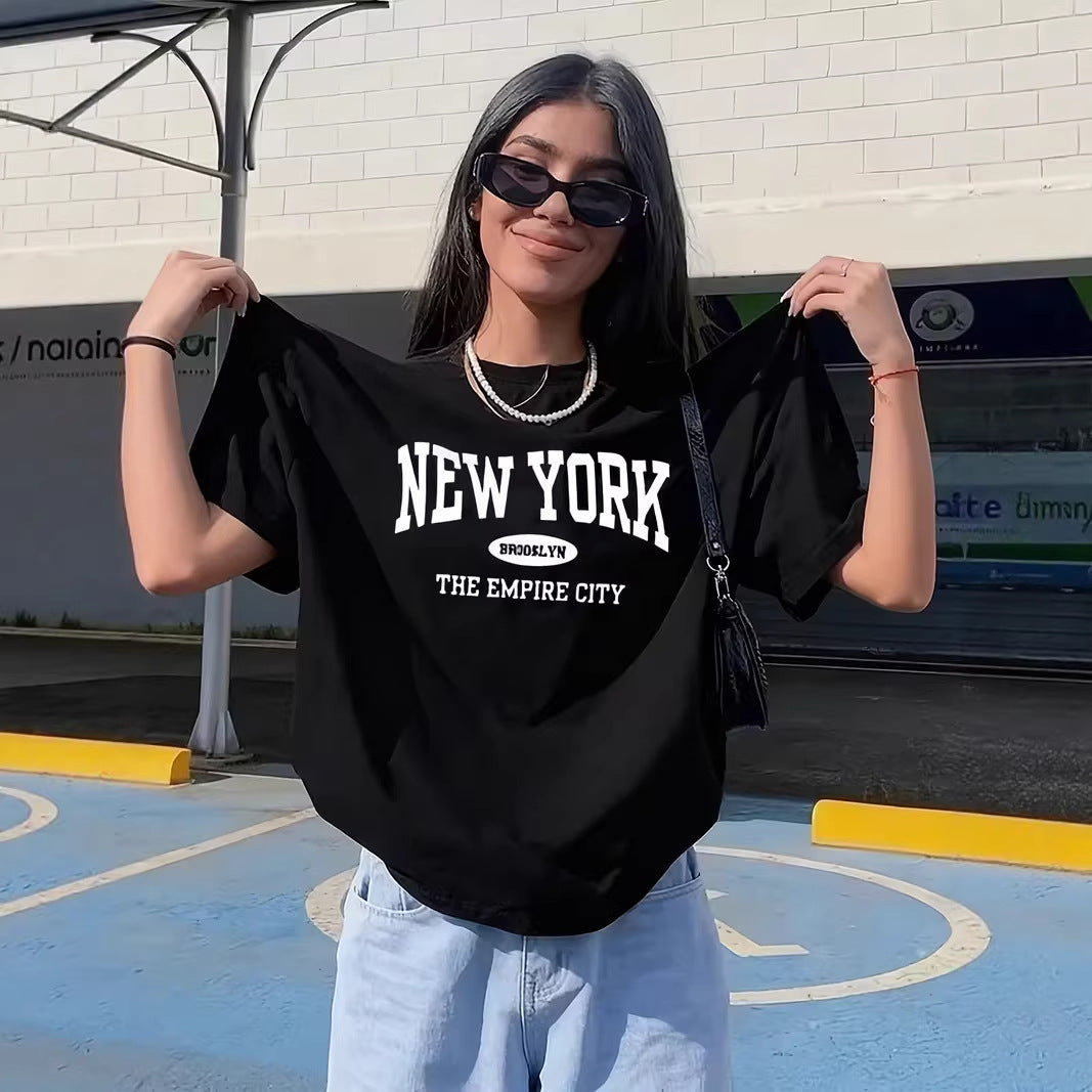 Damen lässiges Oversize T-Shirt mit New York Schriftzug Drune