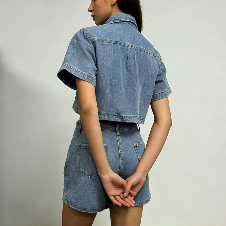 Damen modisches cropped Hemd mit aufgesetzten Taschen und lässigen Shorts Drune