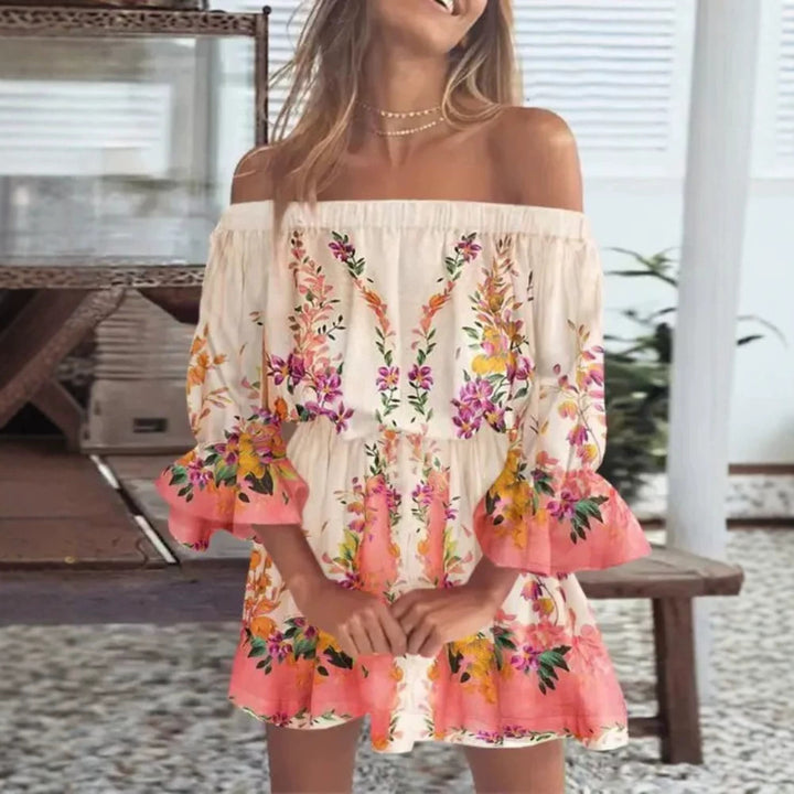 Damen Schulterfreies Minikleid mit elastischer Taillenpassform und Volantärmeln Drune