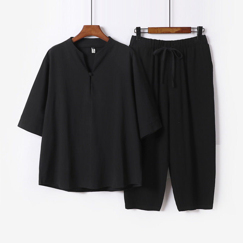Damen Leichtes Leinen-Baumwoll-Loungewear-Set mit Stehkragen, Dreiviertelärmeln und Gummizugbundhose Drune