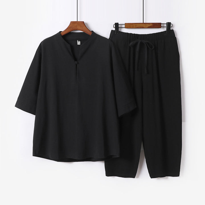 Damen Leichtes Leinen-Baumwoll-Loungewear-Set mit Stehkragen, Dreiviertelärmeln und Gummizugbundhose Drune