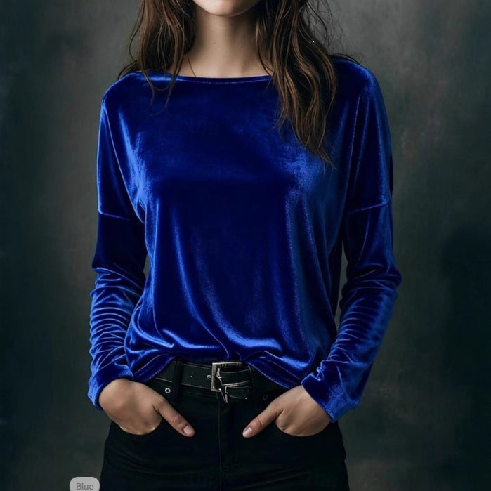 Damen Feines Velours-Langarmshirt mit U-Boot-Ausschnitt und kastiger Silhouette Drune