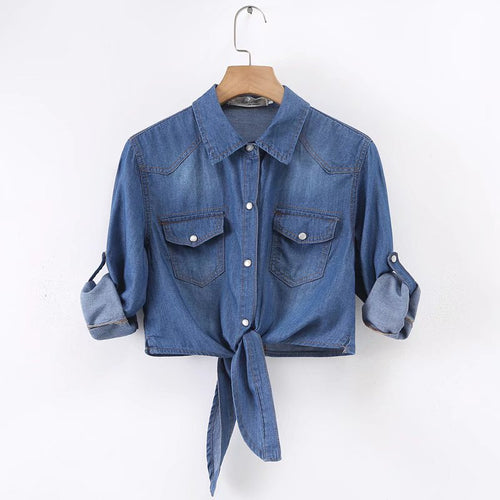 Damen Geknotete Denim Kurzbluse mit Brusttaschen und hochgekrempelten Ärmeln Drune