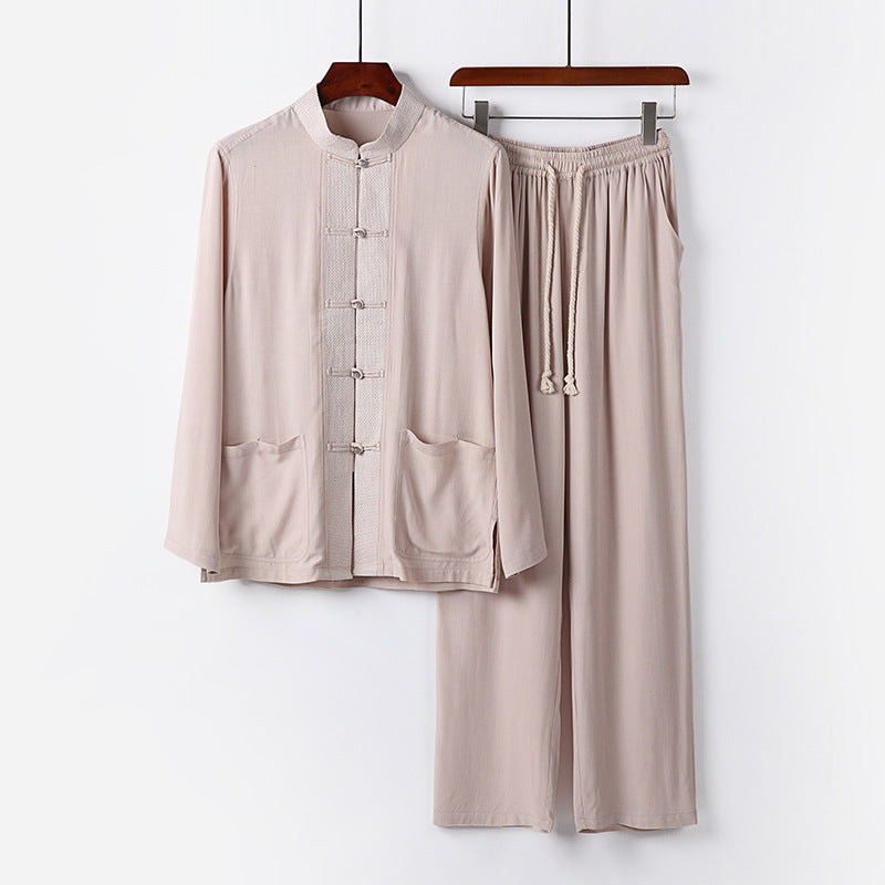 Herren Traditionelles Baumwoll-Loungewear-Set mit Stehkragen Knotenknöpfen und Kordelbundhose Drune