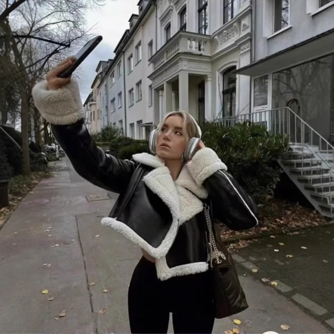 Damen nan kurzes Kunstleder-Fliegerjacke mit Teddyfutter und übergroßem Schalkragen Drune