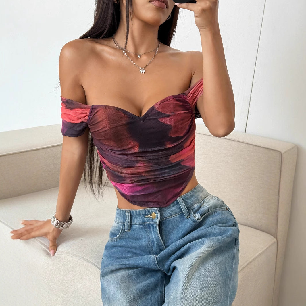 Damen Off-Shoulder Top mit Raffungen und floralem Design Drune