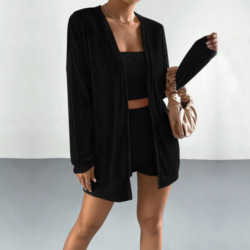 Damen gerippter Lounge-Zweiteiler mit offenem Longcardigan, tailliertem Bustier-Top und High‑Waist-Shorts Drune