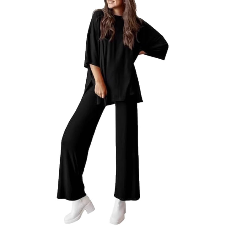 Damen Lässiges Lounge-Set aus weichem Jersey mit Oversize-Tunika und weiter Palazzo-Hose Drune