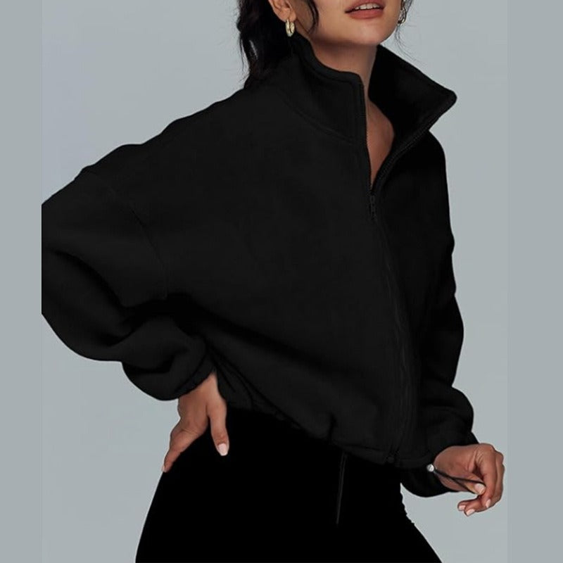 Damen lässige Fleece-Jacke mit hohem Kragen und Kordelzug Drune