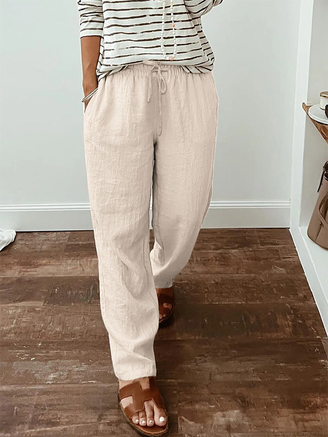 Leichte Damen-Leinenoptik-Hose mit elastischem Kordelzug, Fronttaschen und weitem Bein Drune