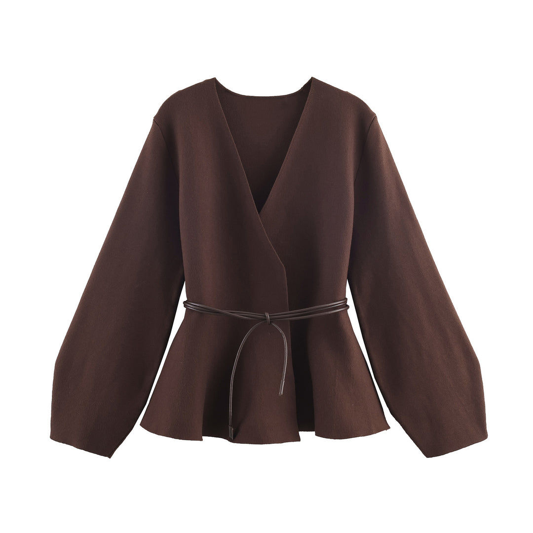 Damen 100+ Wickelcardigan mit Taillengürtel, Ballonärmeln und ausgestelltem Saum Drune
