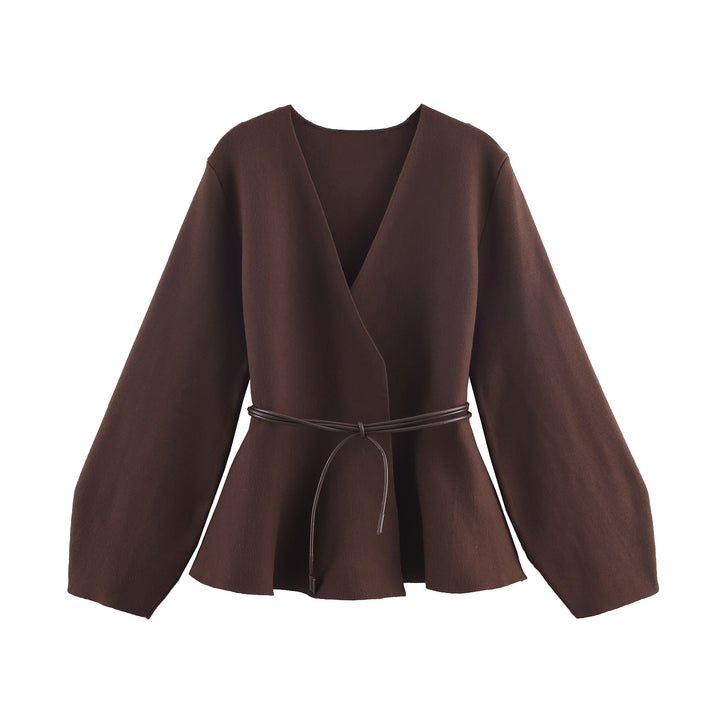 Damen 100+ Wickelcardigan mit Taillengürtel, Ballonärmeln und ausgestelltem Saum Drune