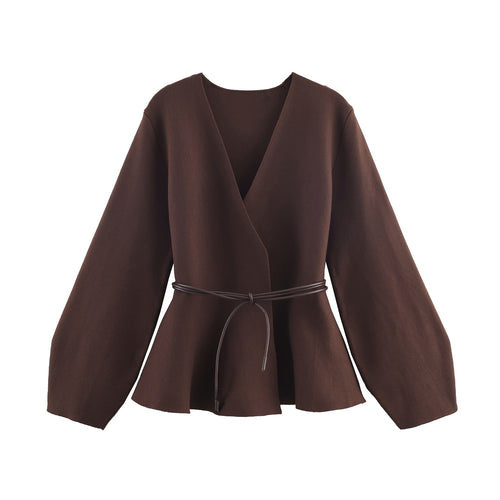 Damen 100+ Wickelcardigan mit Taillengürtel, Ballonärmeln und ausgestelltem Saum Drune