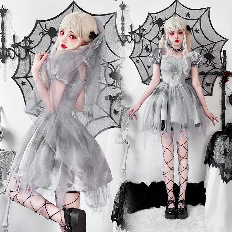 Damen Gothic Brautkleid mit Tüll- und Spitzenverzierungen Drune
