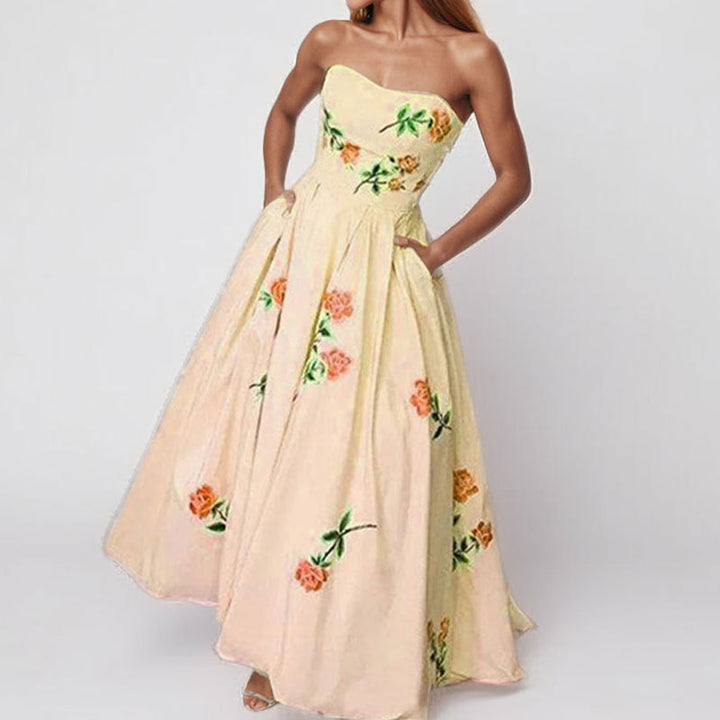 Damen Elegantes Strapless Maxikleid mit floralem Design und seitlichen Taschen Drune